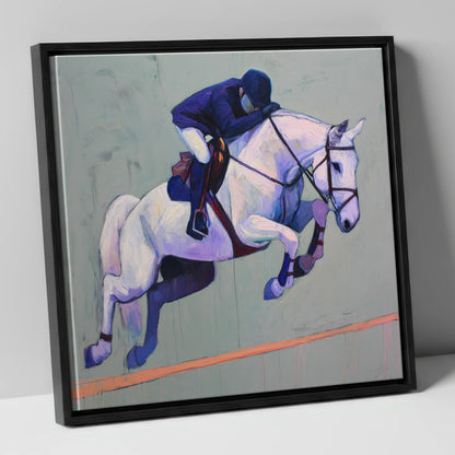 Suspended in Blue show jumping horse canvas wall art in black frame
