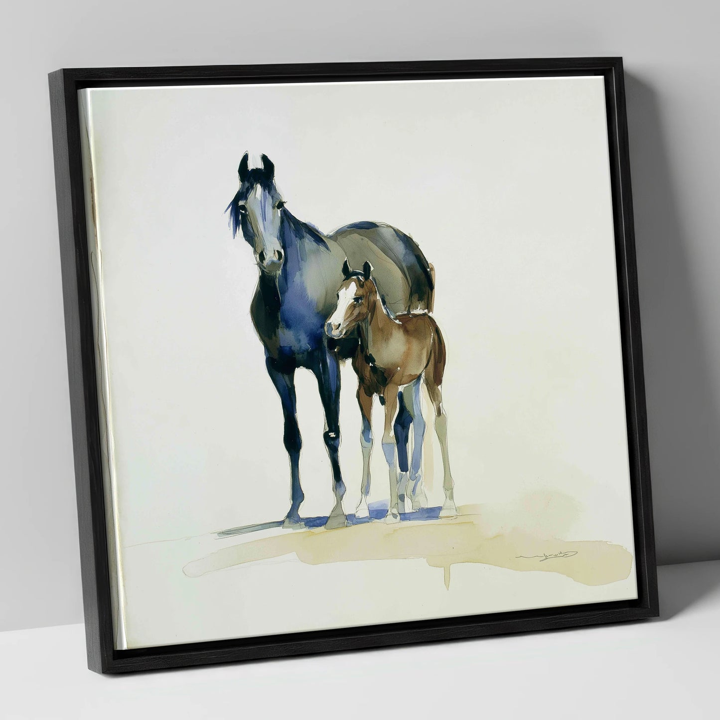 Watchful Bond mare & foal canvas wall art in black frame