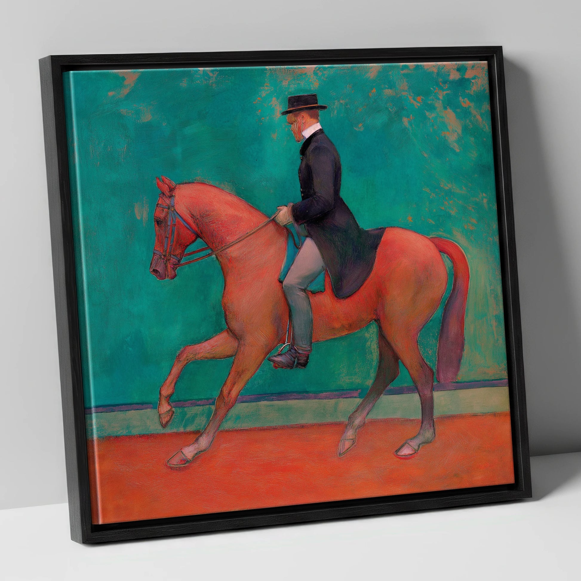 The Emerald Passage dressage horse canvas wall art in black frame