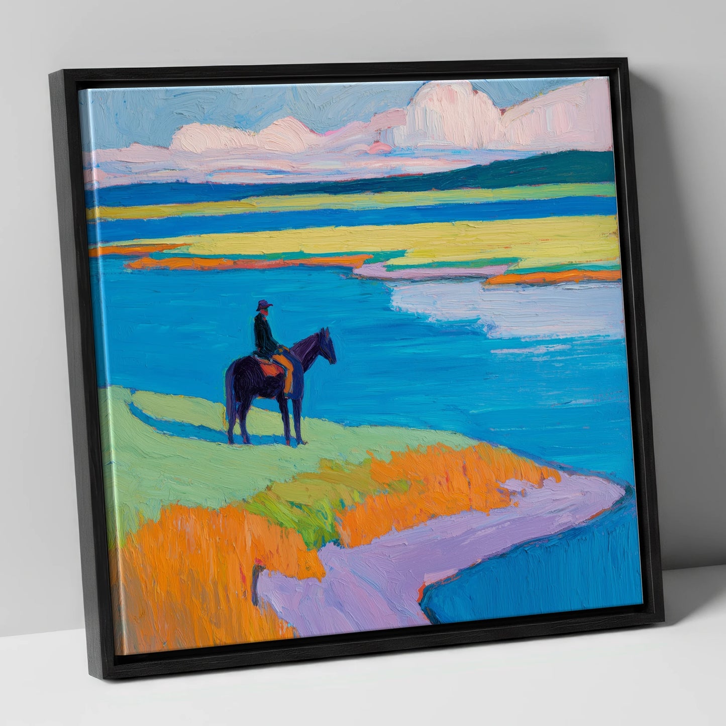 Vivid Coastal Solitude beach horse canvas wall art in black frame