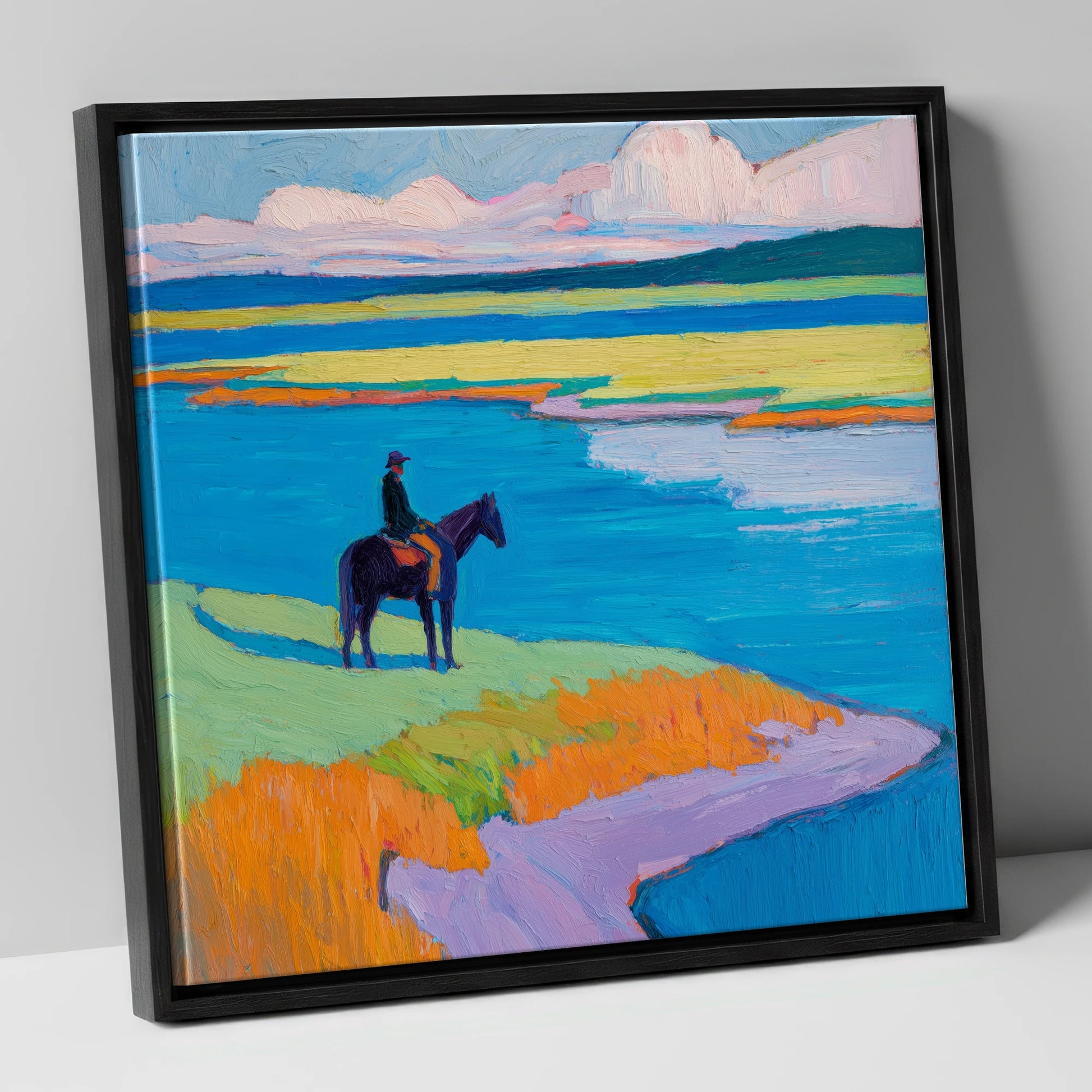 Vivid Coastal Solitude beach horse canvas wall art in black frame