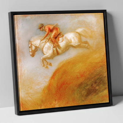 Terracotta Flight show jumping horse canvas wall art in black frame
