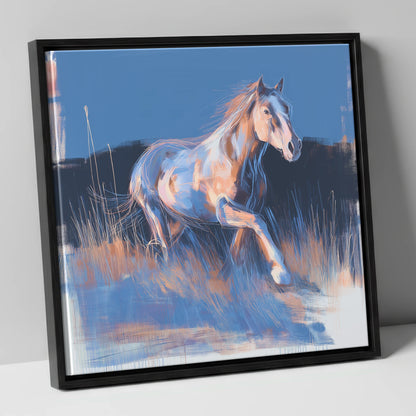 Wanderer in Blue horse landscape canvas wall art in black frame