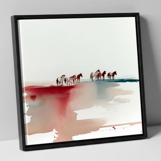 Crimson Horizon Herd horse landscape canvas wall art in black frame