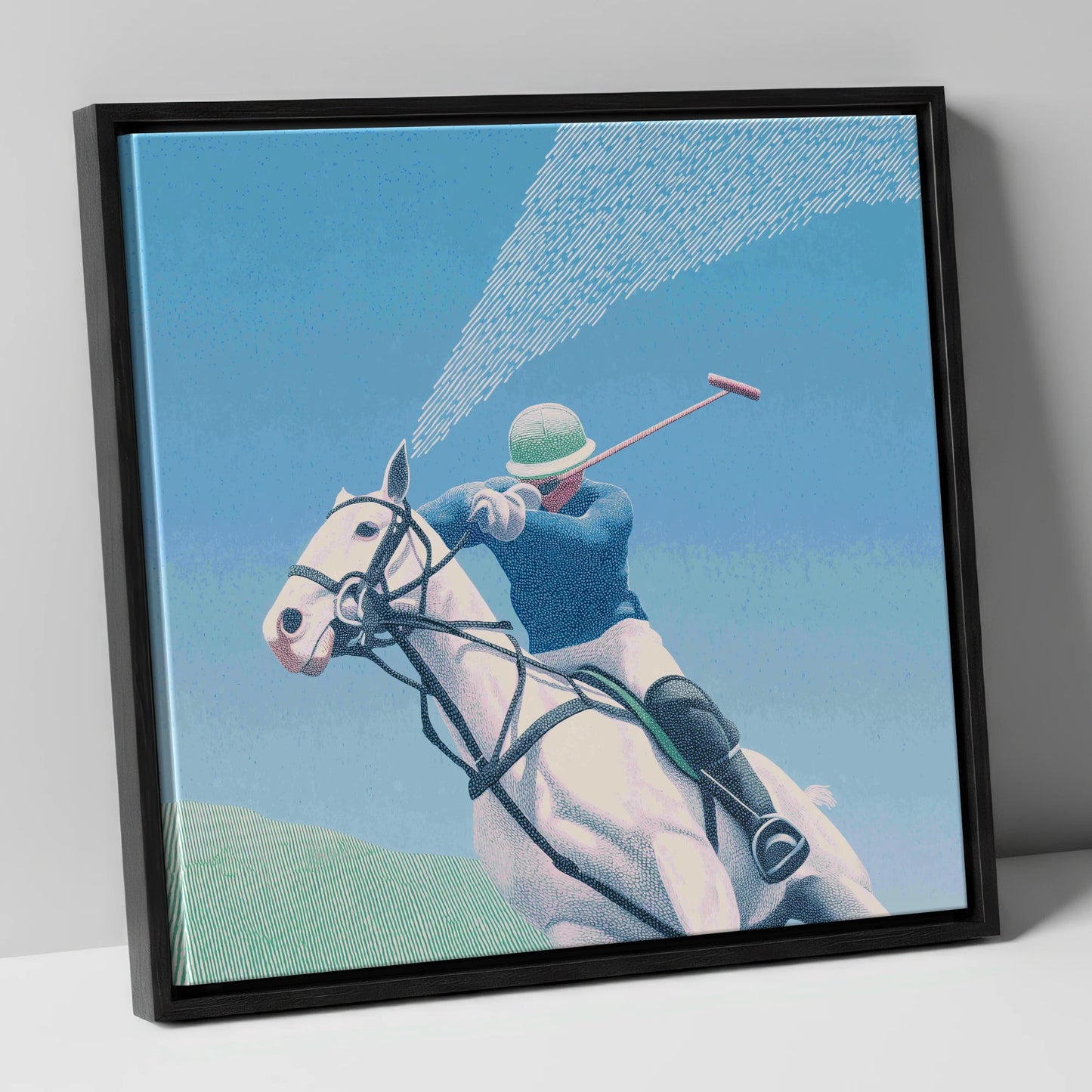 Skyward Swing polo horse canvas wall art in black frame