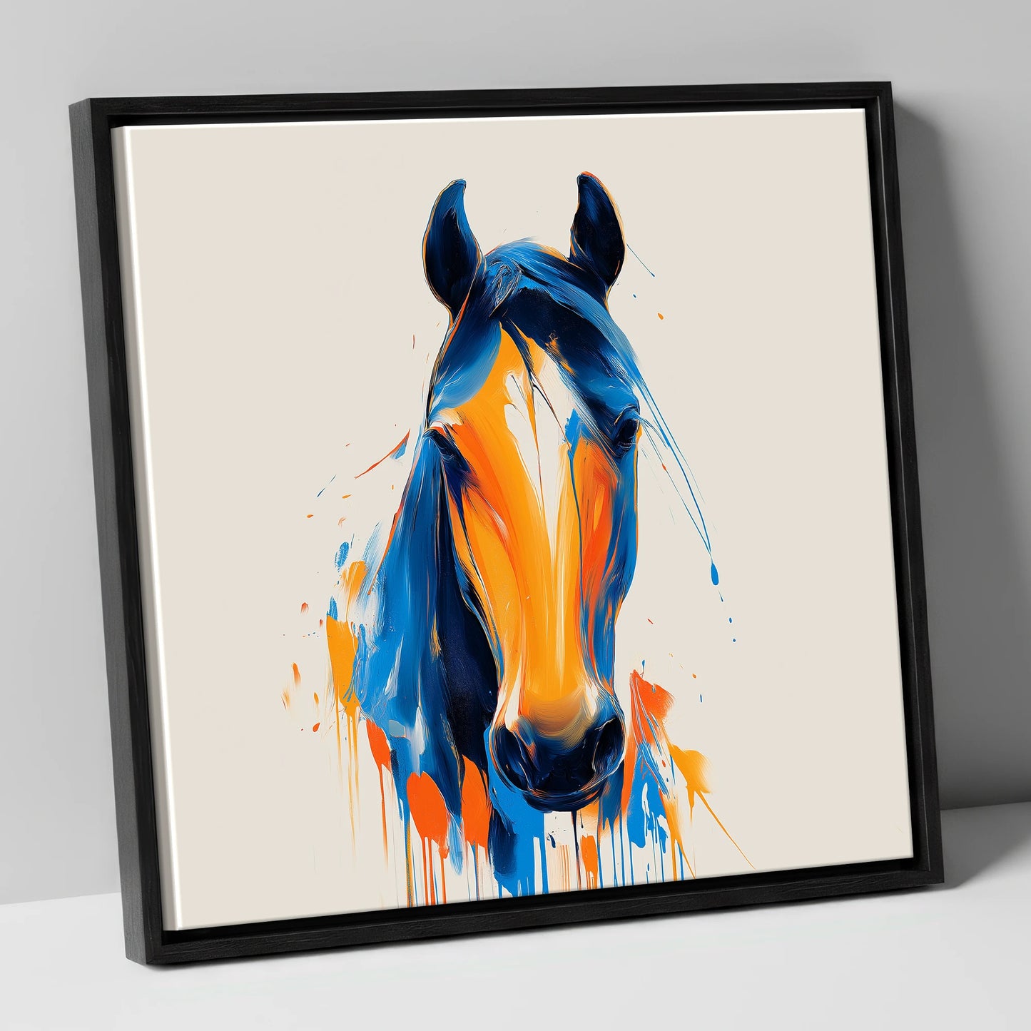 Cobalt and Sienna Spirit horse portrait canvas wall art in black frame