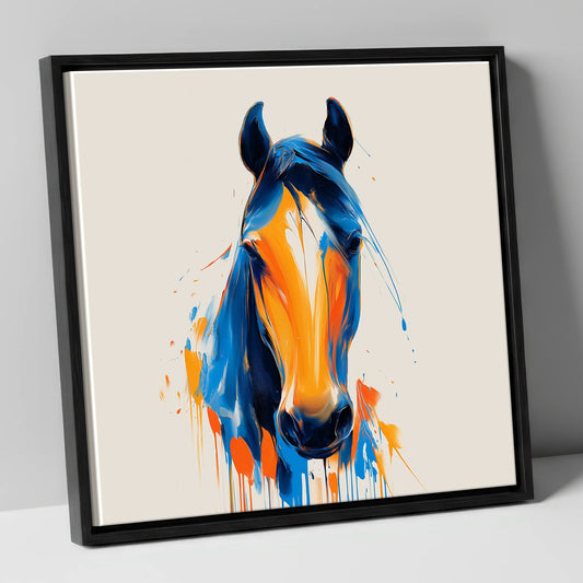 Cobalt and Sienna Spirit horse portrait canvas wall art in black frame