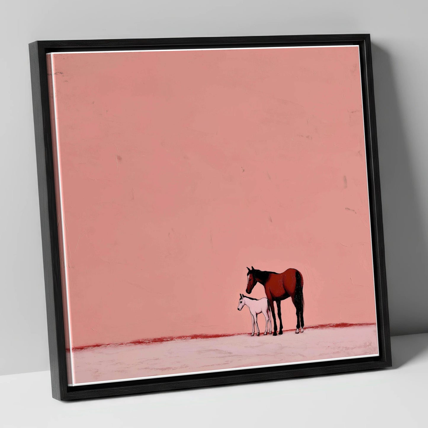 Dusty Rose Bond mare & foal canvas wall art in black frame
