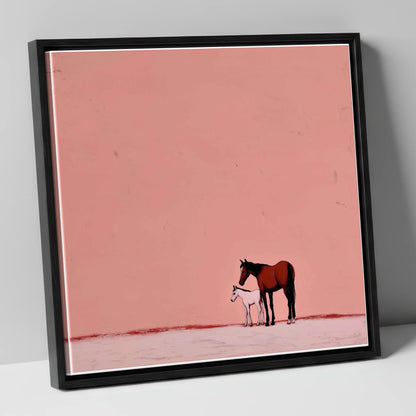 Dusty Rose Bond mare & foal canvas wall art in black frame