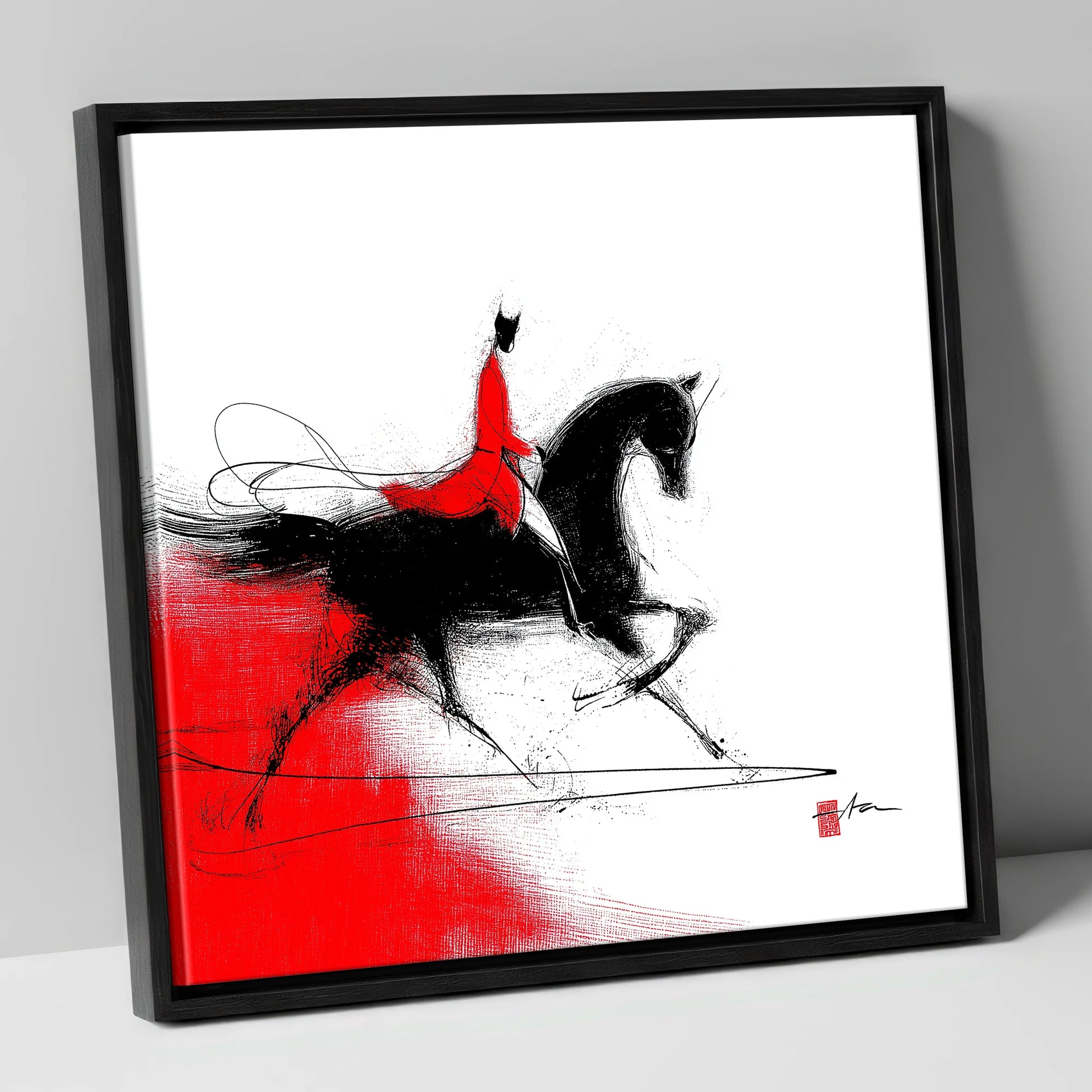 Silhouette in Crimson dressage horse canvas wall art in black frame