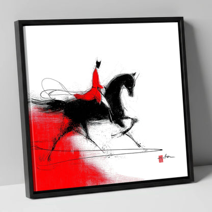 Silhouette in Crimson dressage horse canvas wall art in black frame