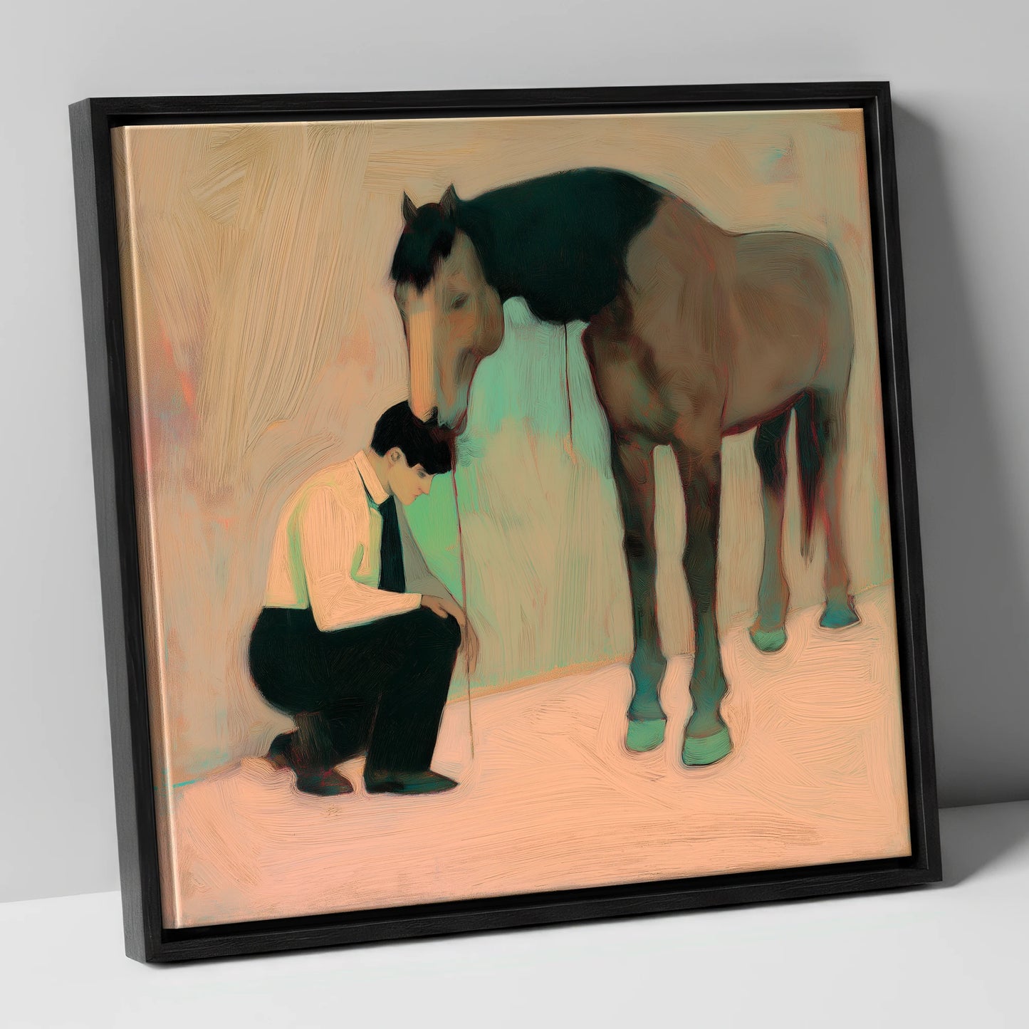 A Silent Understanding horse & rider canvas wall art in black frame