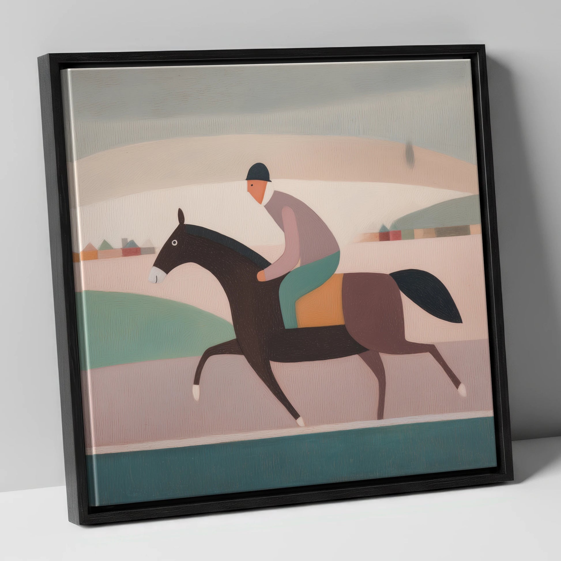 Muted Morning Canter racing horse canvas wall art in black frame