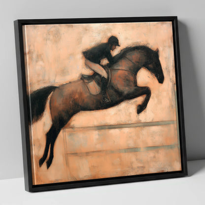 Suspended in Flight show jumping horse canvas wall art in black frame