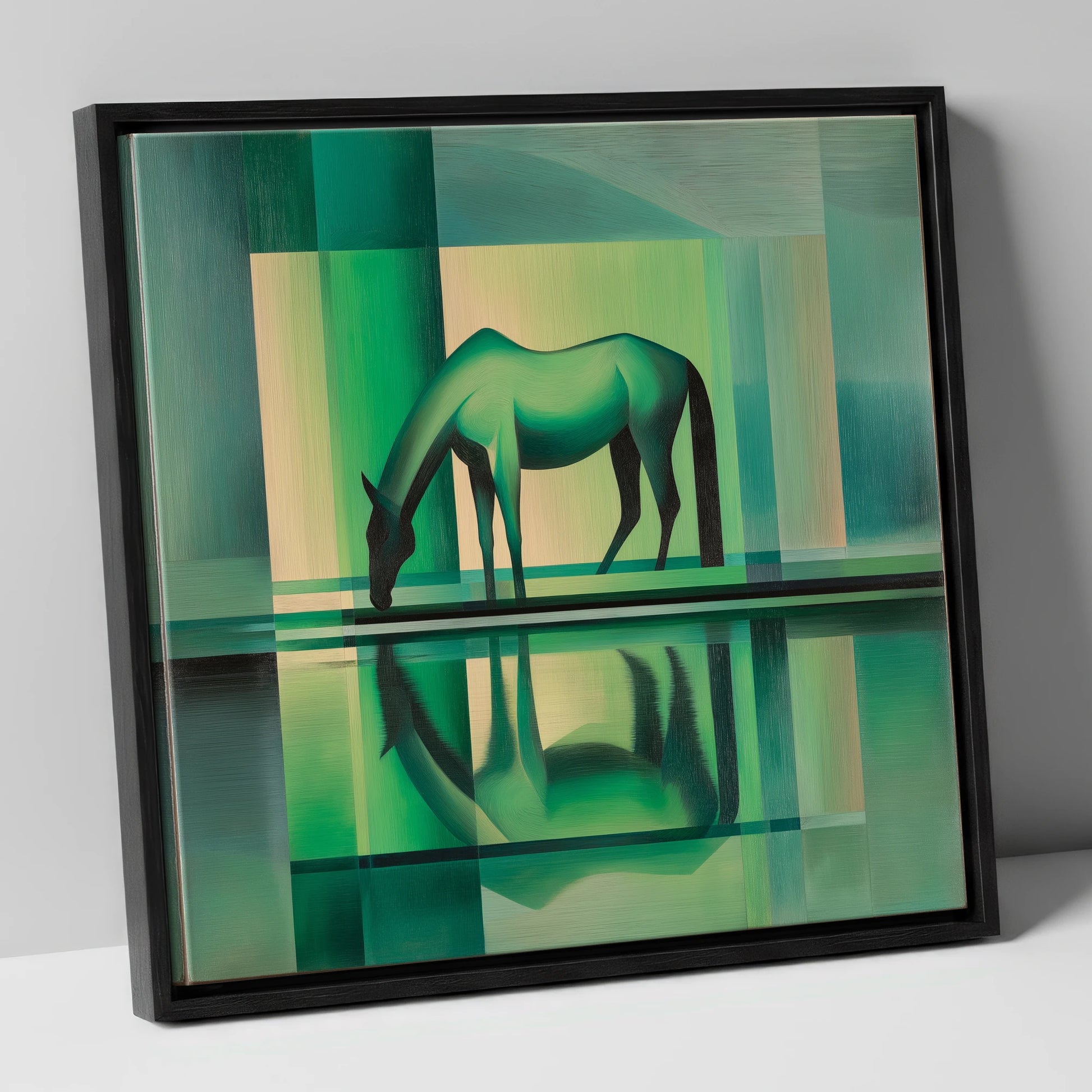 Verdant Reflection horse portrait canvas wall art in black frame