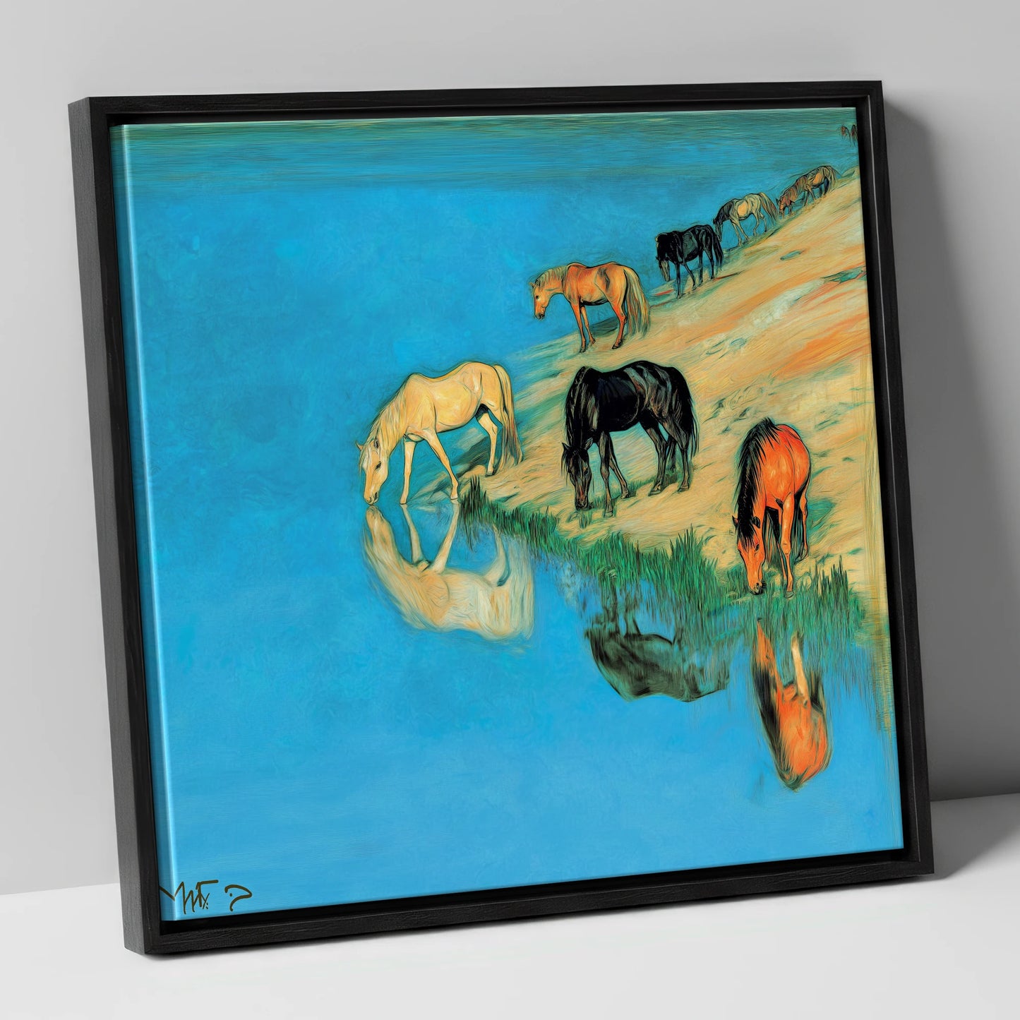 Azure Bank Reflections wild horses canvas wall art in black frame