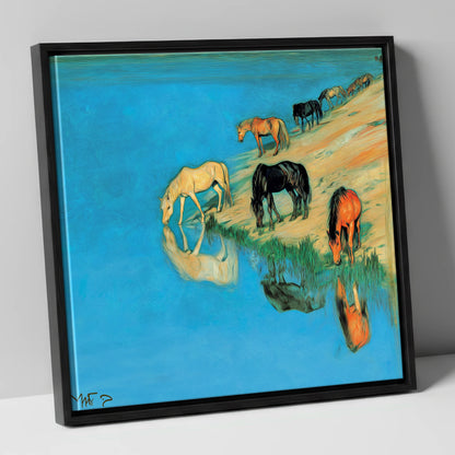 Azure Bank Reflections wild horses canvas wall art in black frame