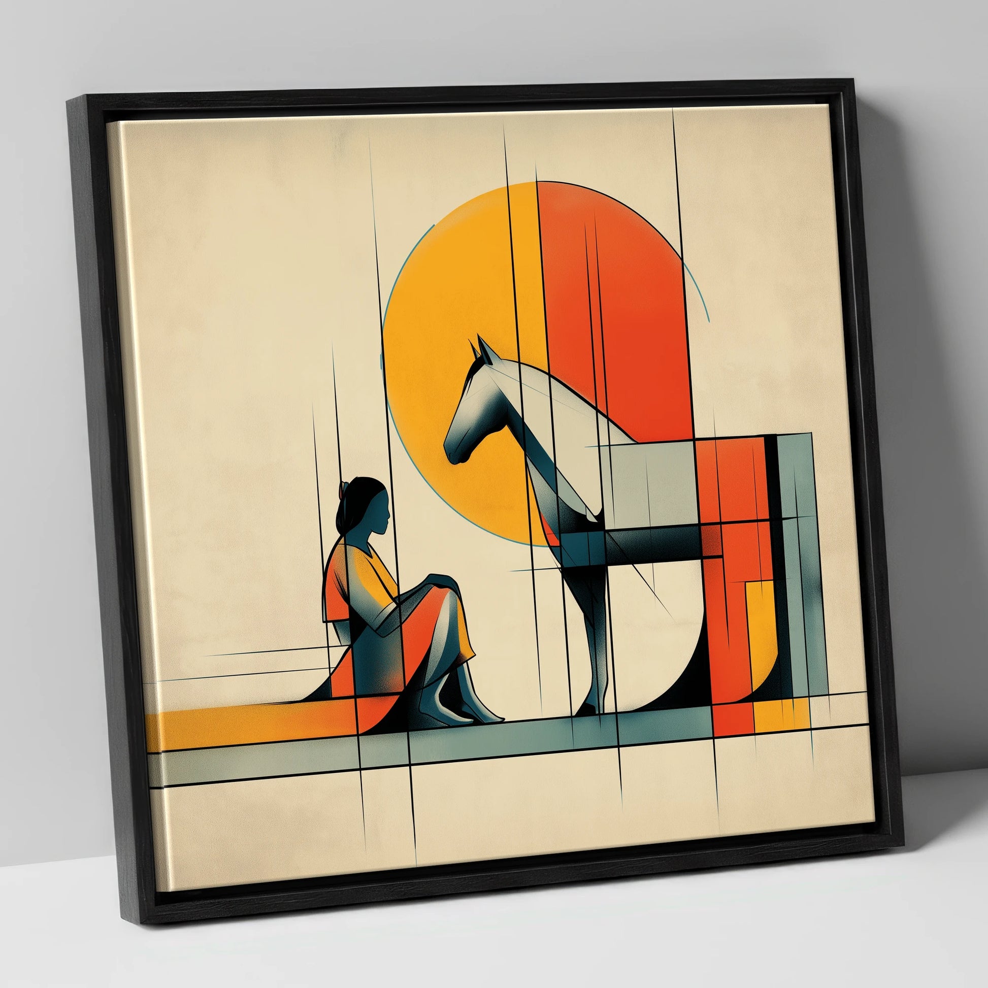 Structured Harmony horse & rider canvas wall art in black frame