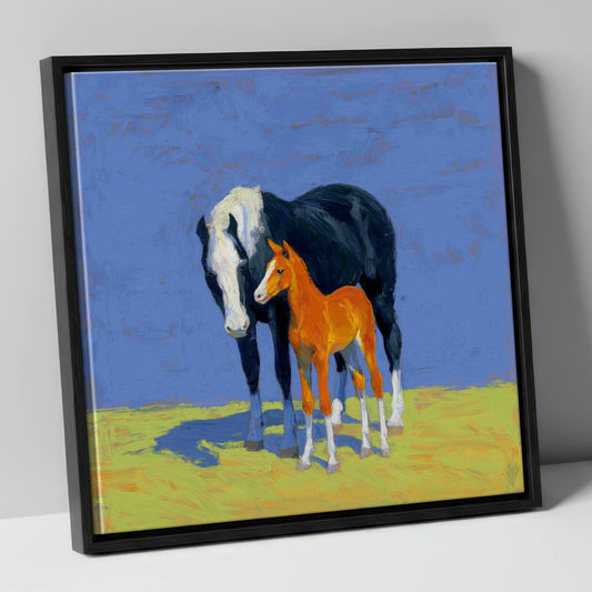 Vibrant Pasture Bond mare & foal canvas wall art in black frame