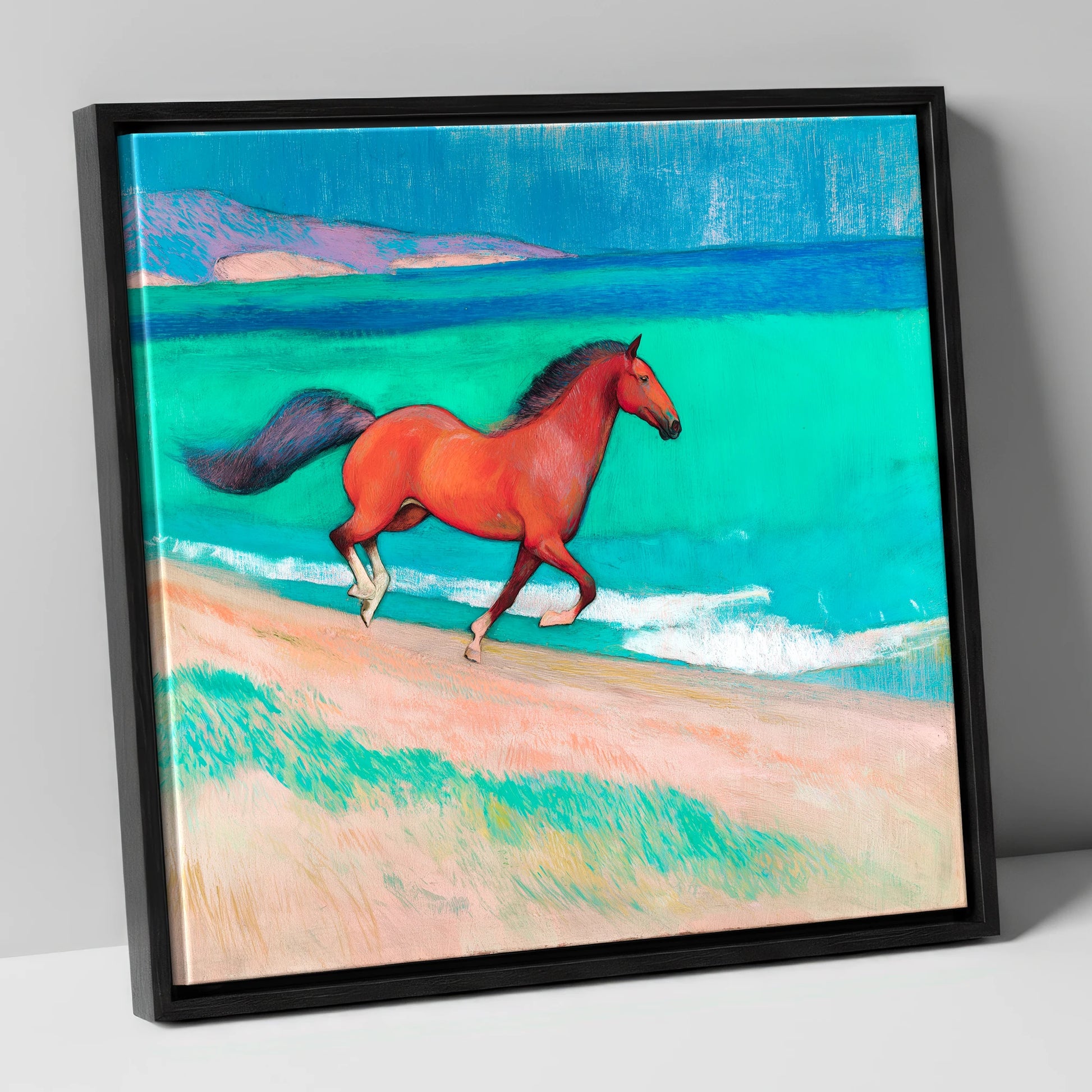 Crimson Coastal Canter horse landscape canvas wall art in black frame