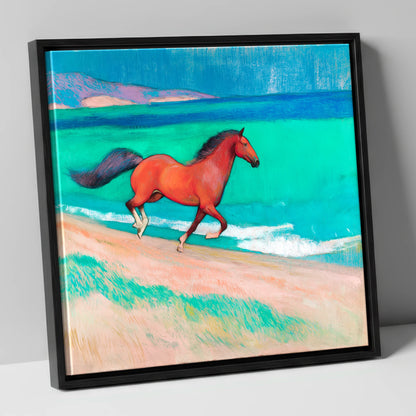 Crimson Coastal Canter horse landscape canvas wall art in black frame