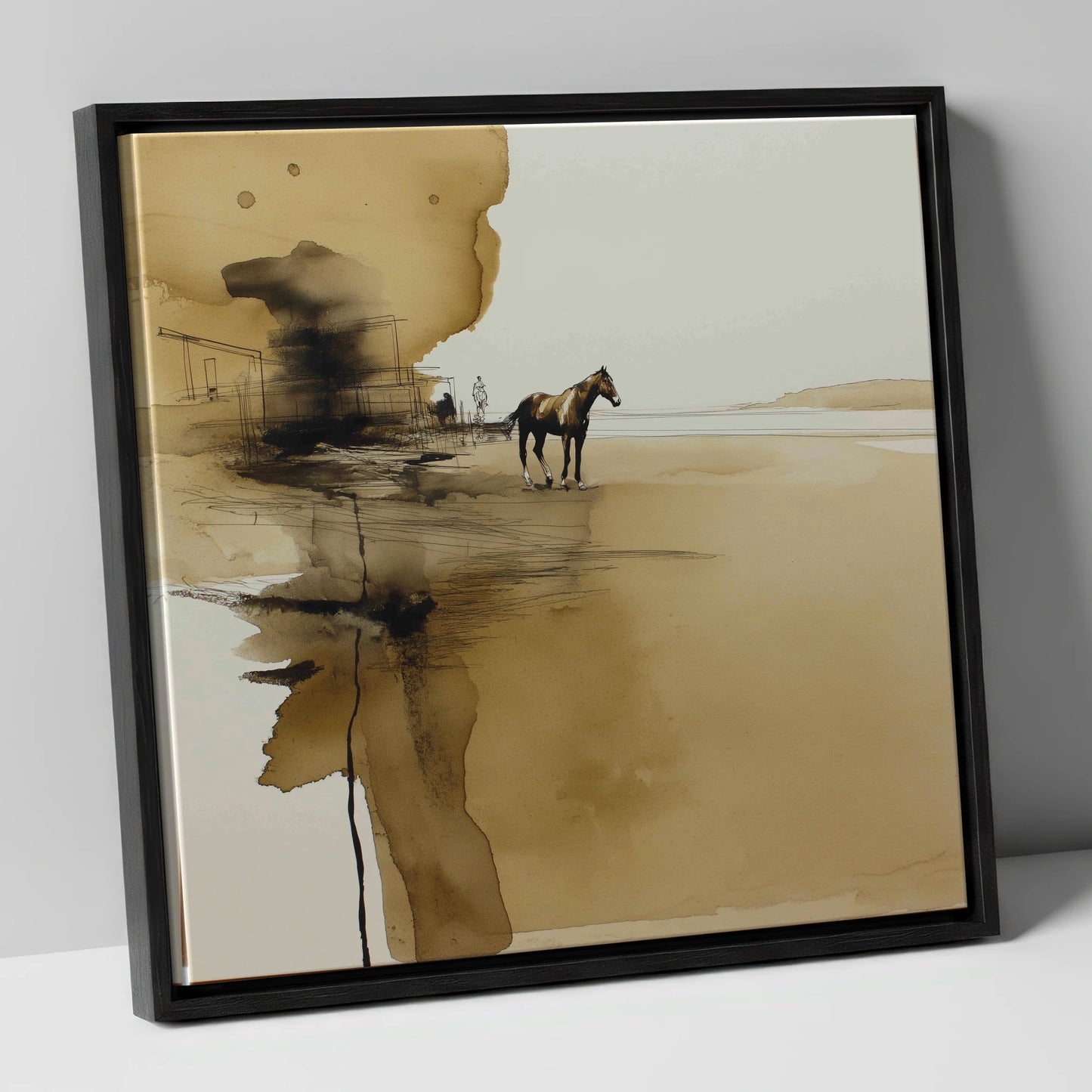 Sepia Solitude horse landscape canvas wall art in black frame