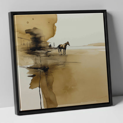 Sepia Solitude horse landscape canvas wall art in black frame