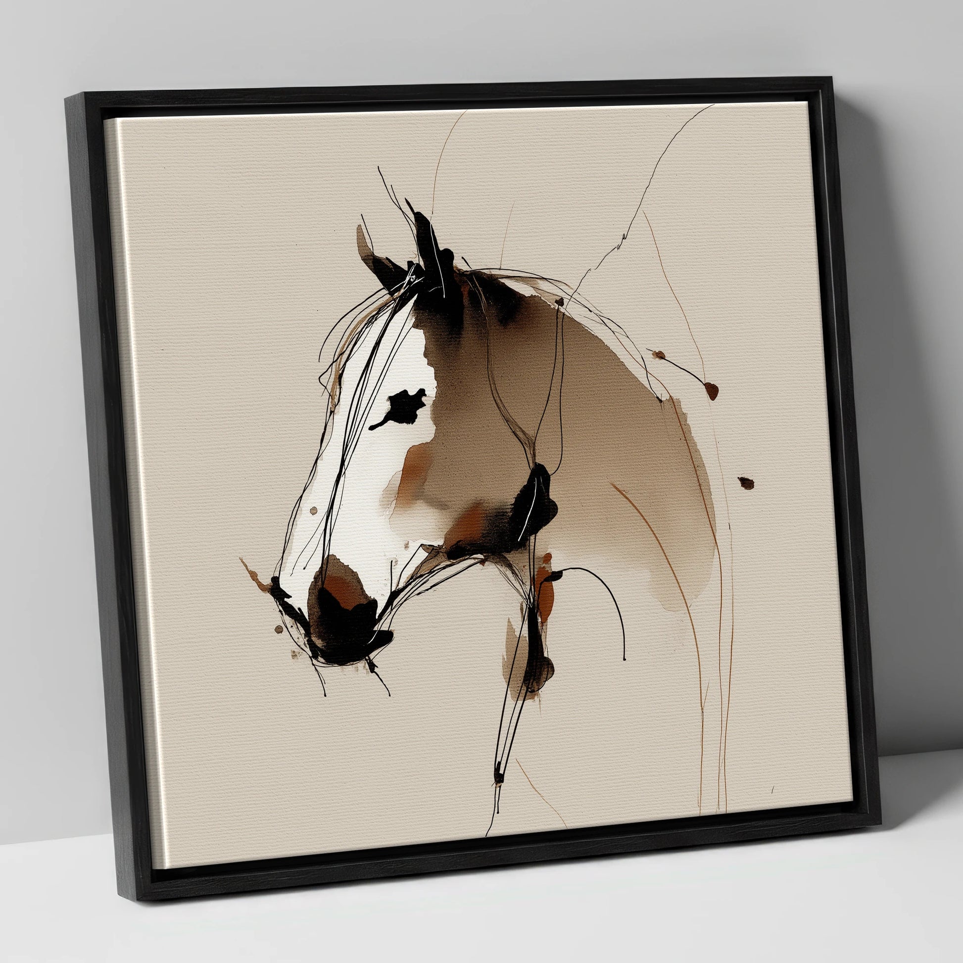 Sepia Equine Spirit horse portrait canvas wall art in black frame