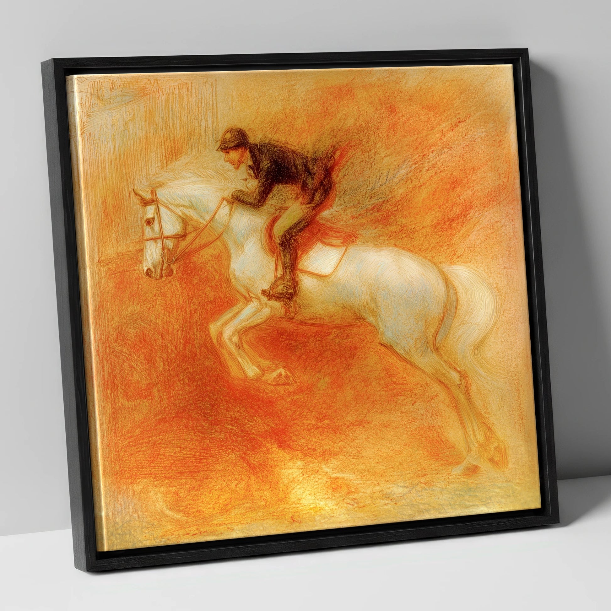 Terracotta Flight show jumping horse canvas wall art in black frame