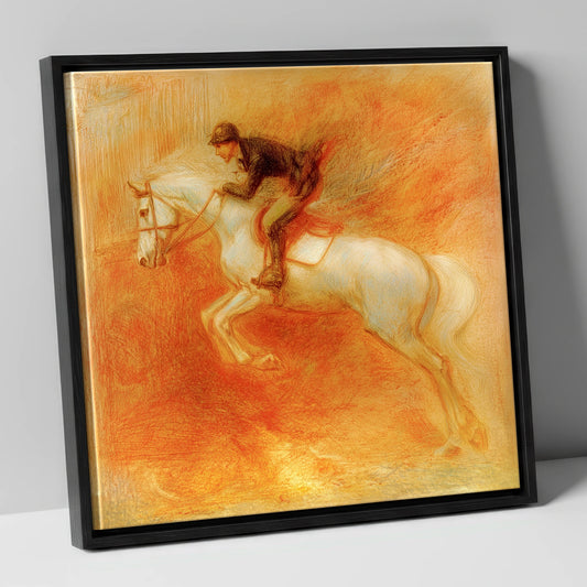 Terracotta Flight show jumping horse canvas wall art in black frame