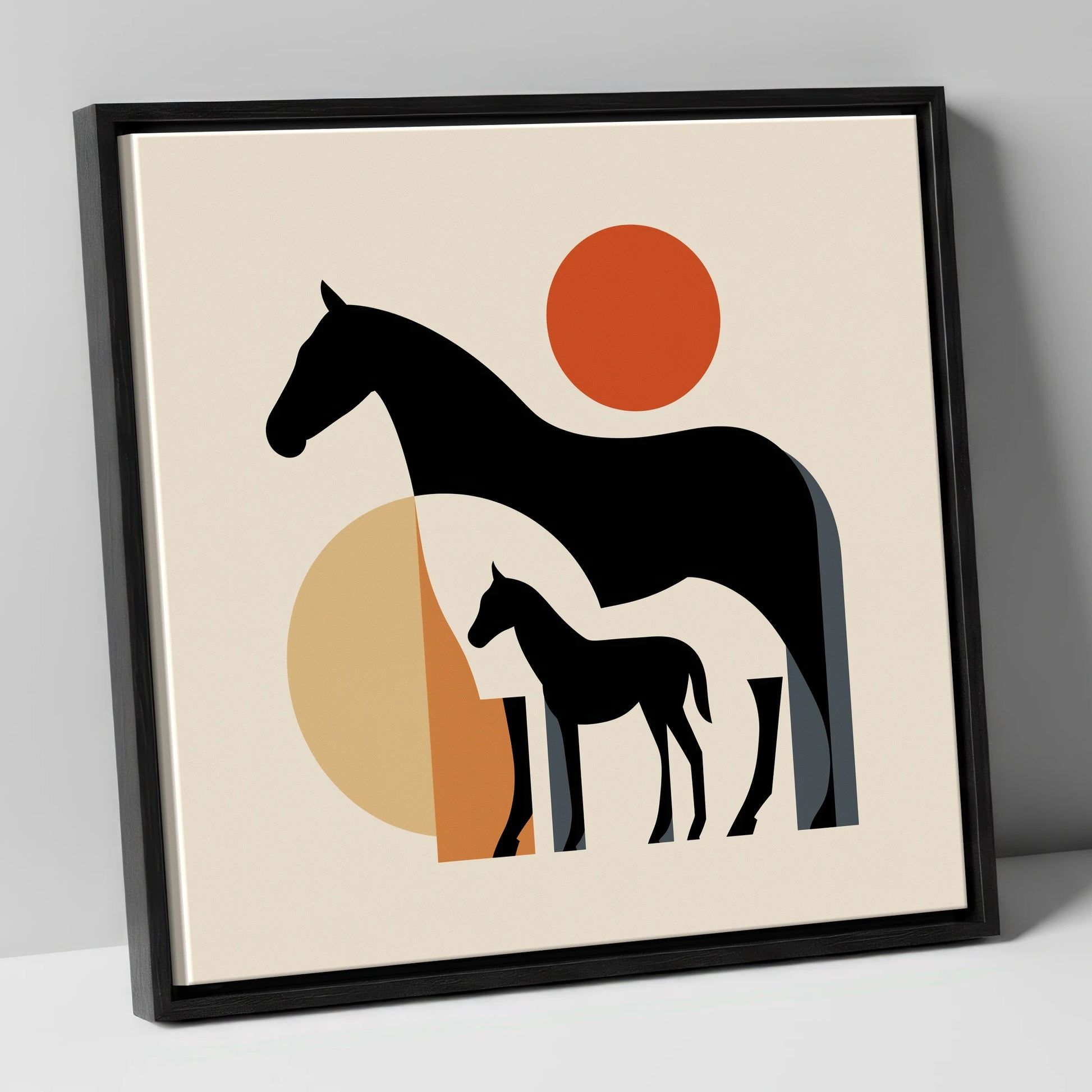 Mid-Century Mare and Foal mare & foal canvas wall art in black frame