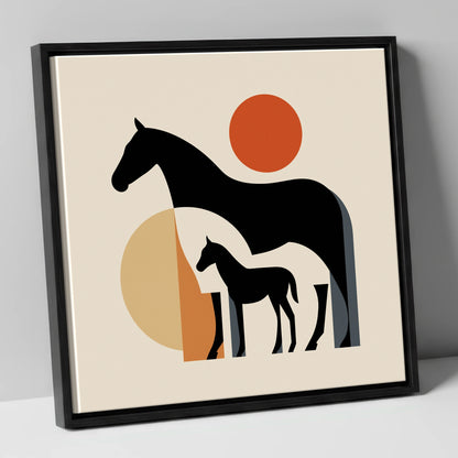 Mid-Century Mare and Foal mare & foal canvas wall art in black frame