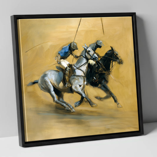 The Ride Off polo horse canvas wall art in black frame