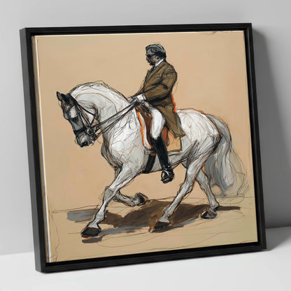 Harmonious Passage dressage horse canvas wall art in black frame