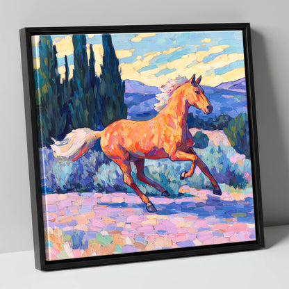 Vibrant Golden Canter horse breed canvas wall art in black frame