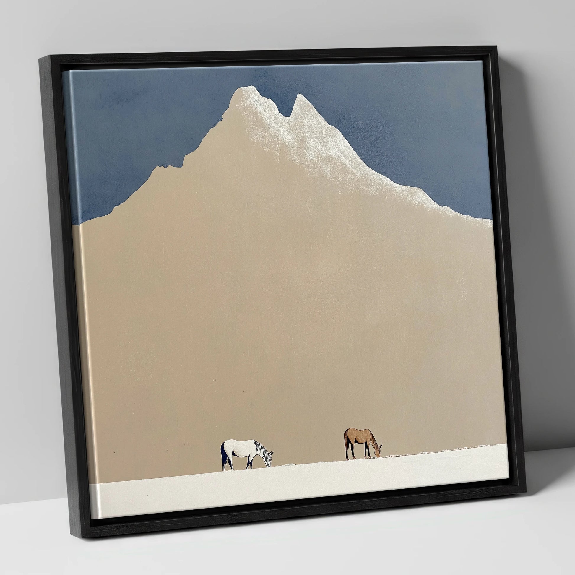 Beneath the Golden Peak horse landscape canvas wall art in black frame