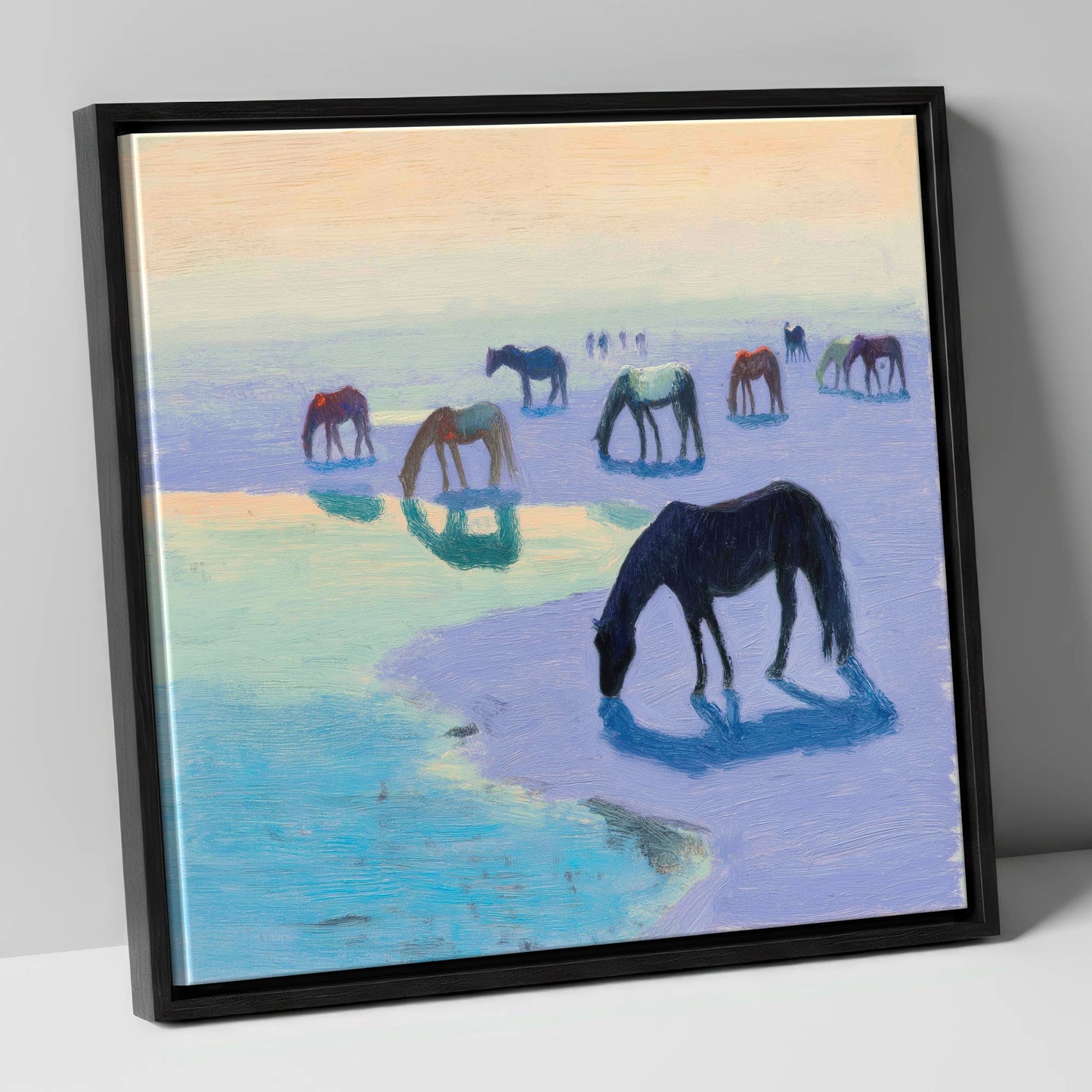 Lavender Tide Grazers wild horses canvas wall art in black frame