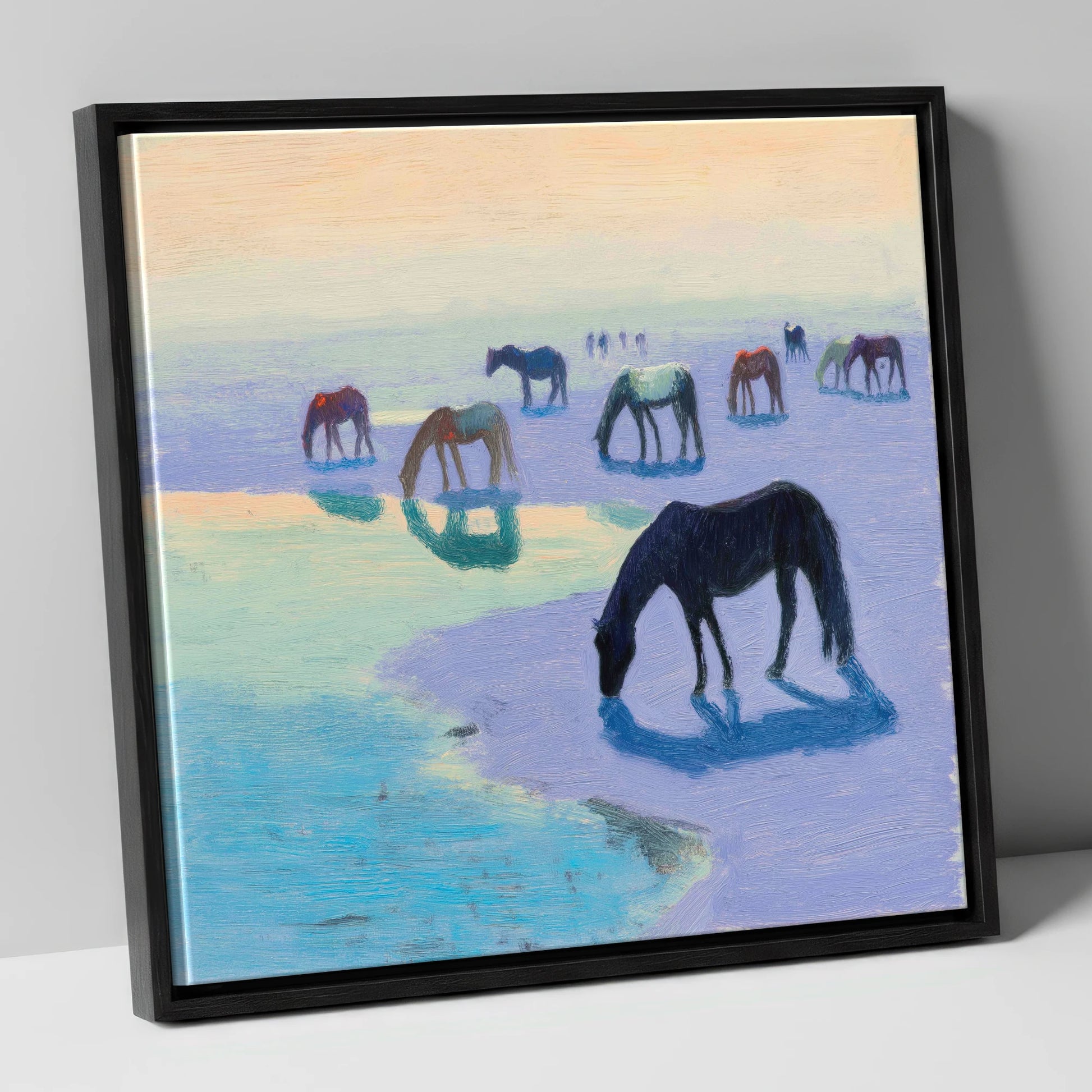 Lavender Tide Grazers wild horses canvas wall art in black frame