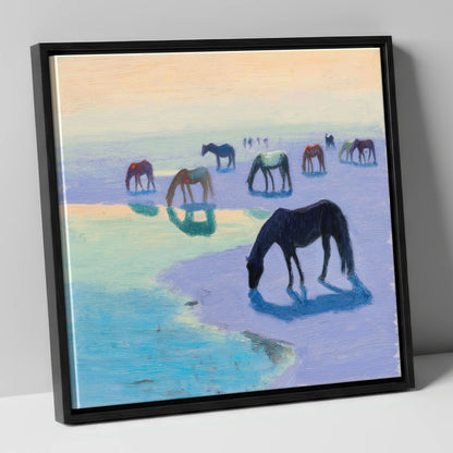 Lavender Tide Grazers wild horses canvas wall art in black frame