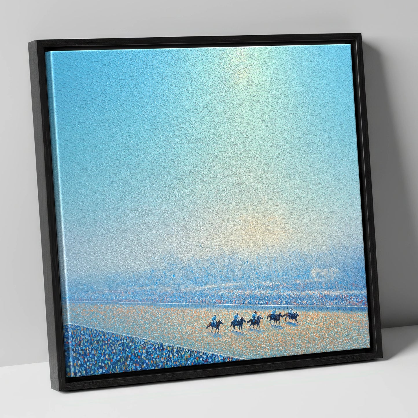 Luminous Morning Race racing horse canvas wall art in black frame
