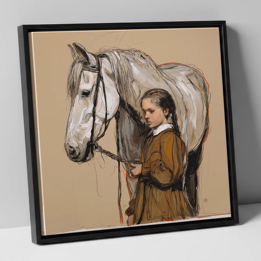 Gentle Guidance horse & rider canvas wall art in black frame