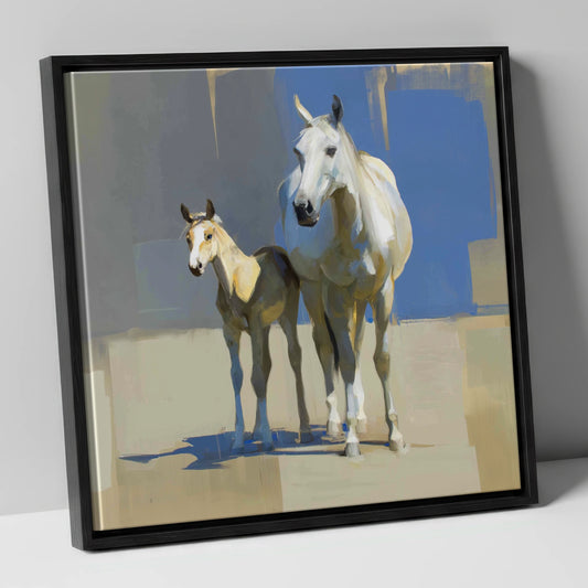 Sunlit Bonds mare & foal canvas wall art in black frame
