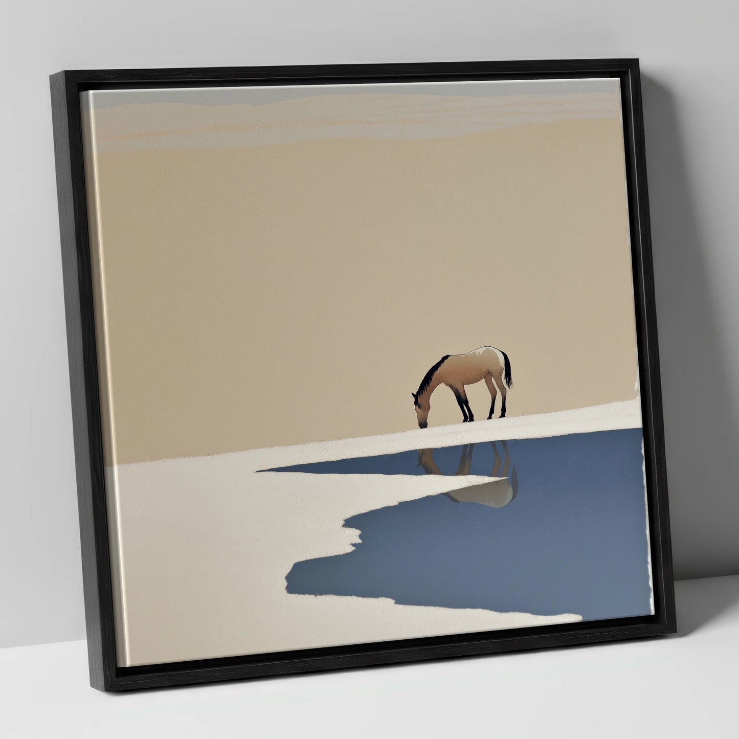 Solitary Reflection horse landscape canvas wall art in black frame