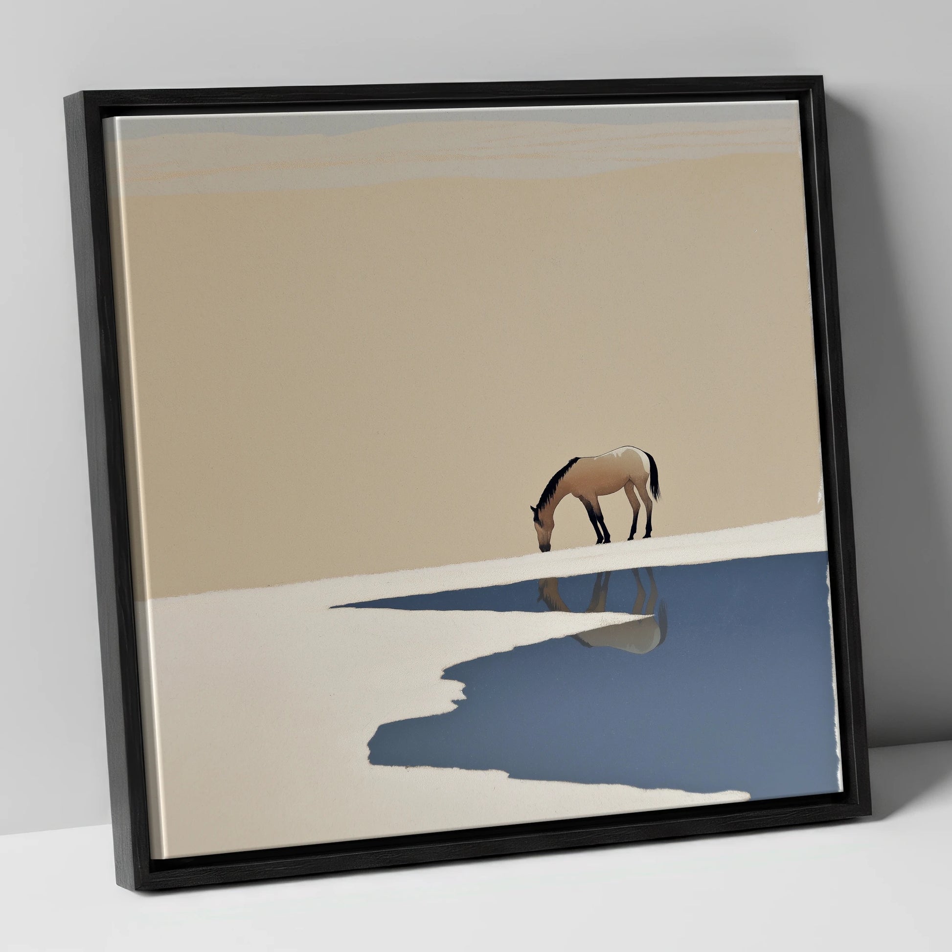 Solitary Reflection horse landscape canvas wall art in black frame