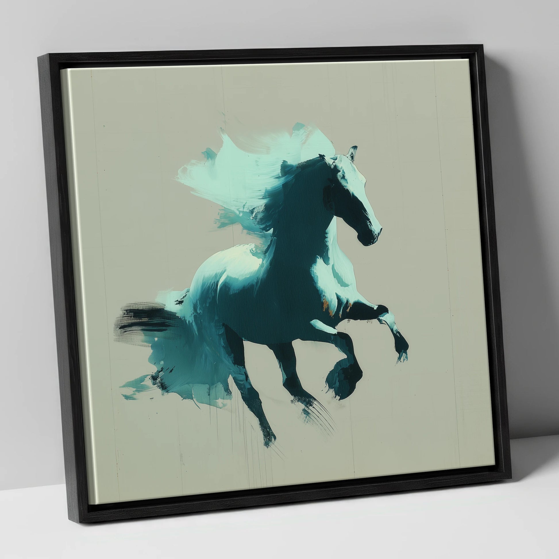 Dynamic Teal Stallion horse breed canvas wall art in black frame