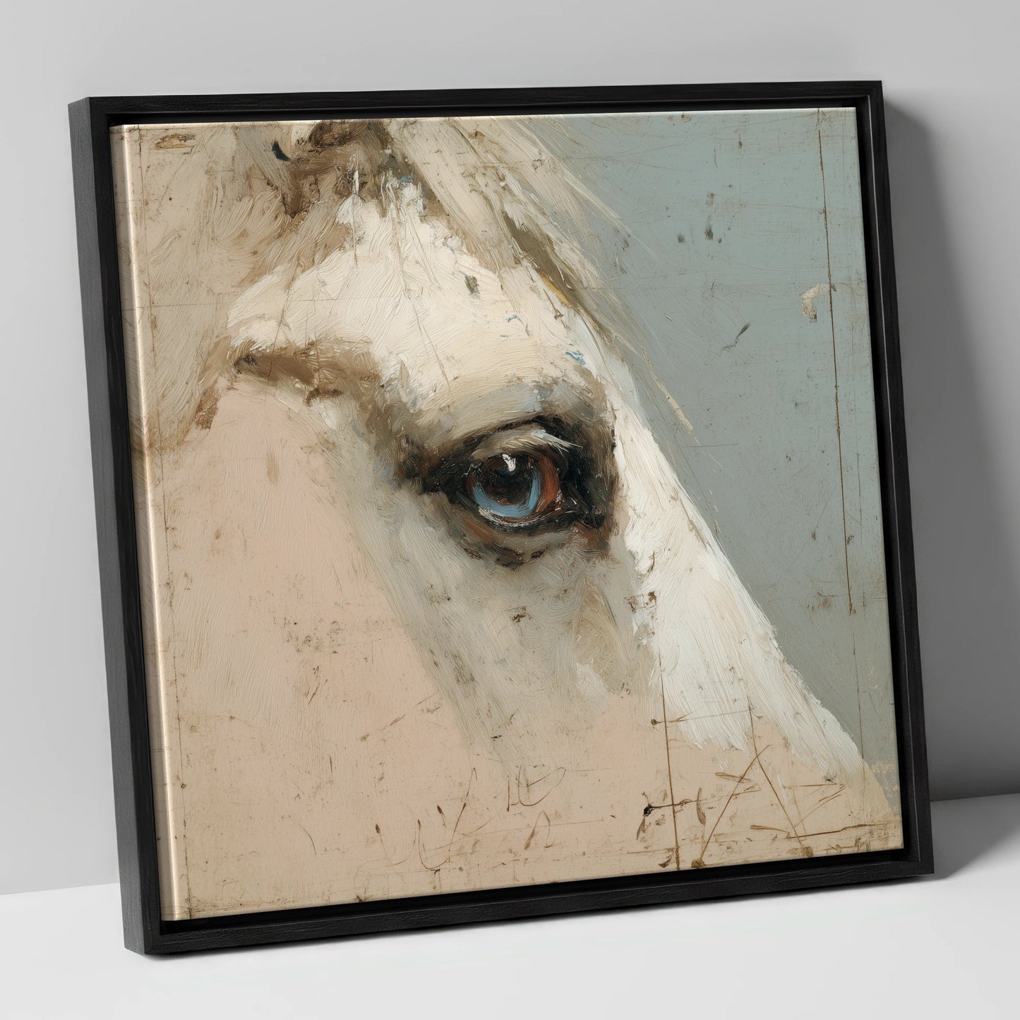 The Watchful Grey horse portrait canvas wall art in black frame