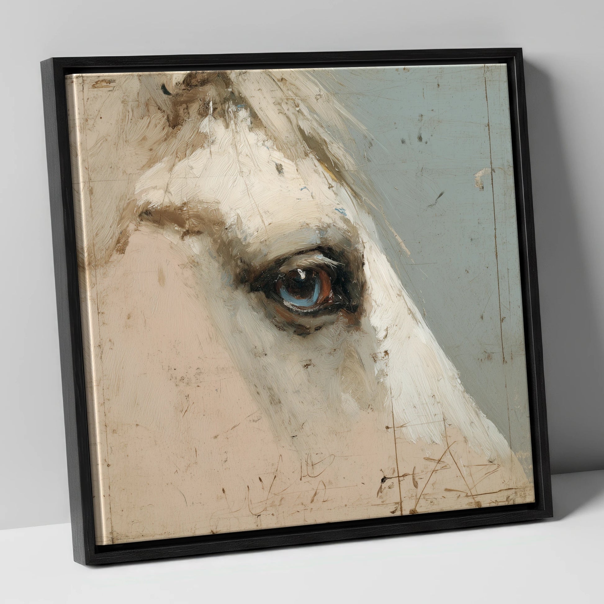 The Watchful Grey horse portrait canvas wall art in black frame