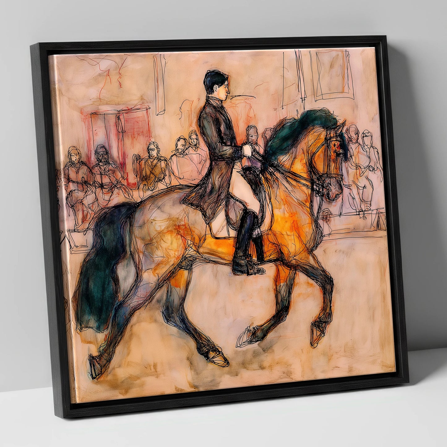 Classical Cadence dressage horse canvas wall art in black frame