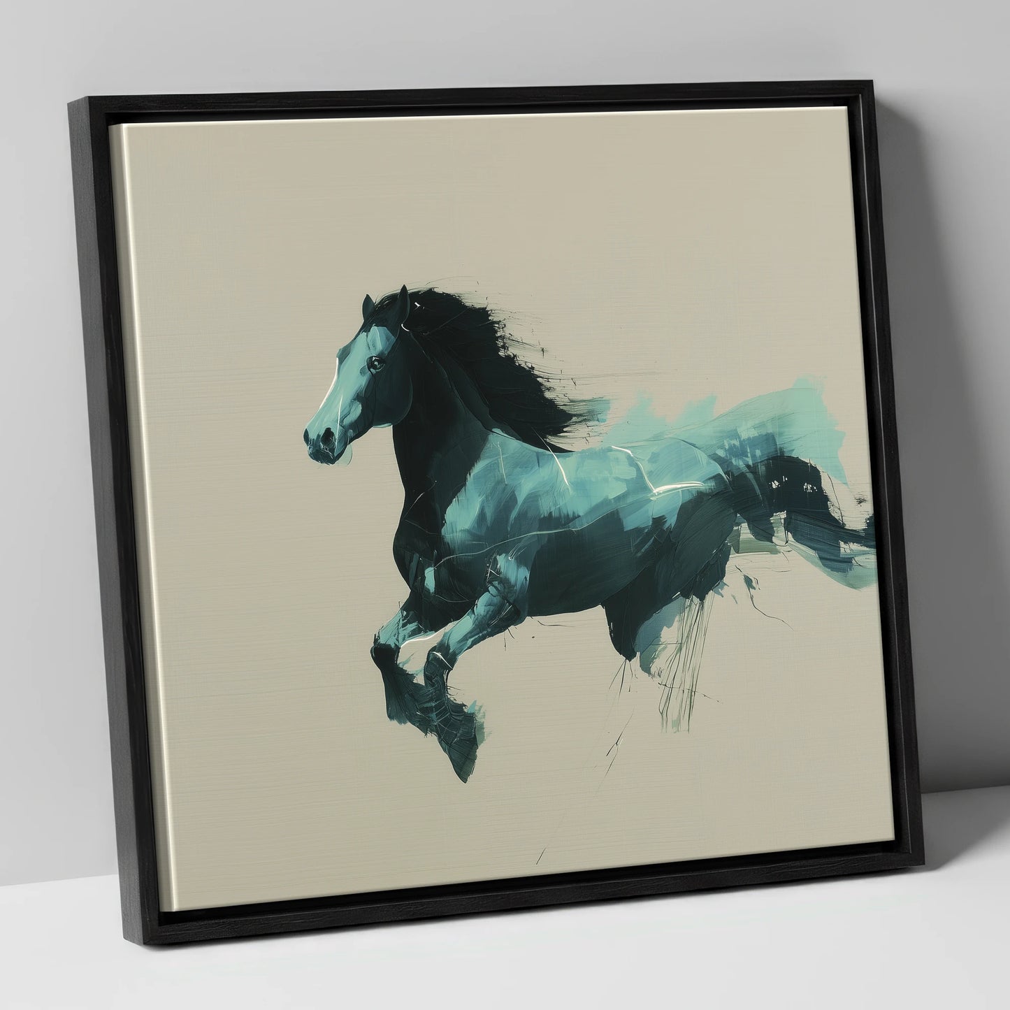 Dynamic Teal Bound horse breed canvas wall art in black frame