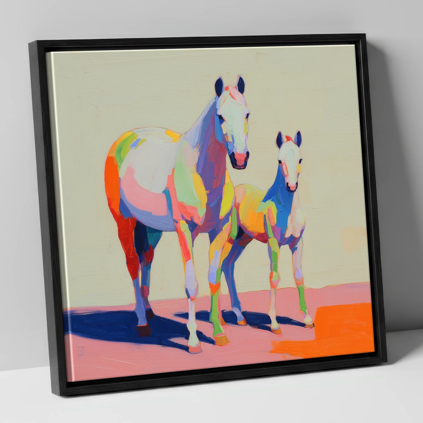Technicolour Bond mare & foal canvas wall art in black frame